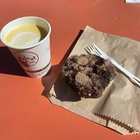 Golden latte (no honey, oat milk) and a chocolate berry muffin  at Walnut Street Coffee in Edmonds