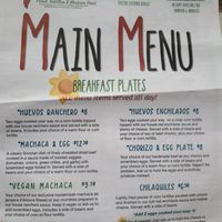 Breakfast menu at Tanias 33 Dos Mundos in Tucson