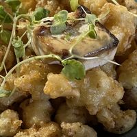 Deep-fried cauliflower with seared silken tofu and micro coriander  at abarbistro in Portsmouth