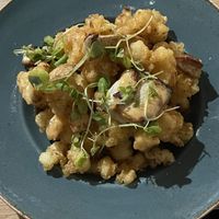 Deep-fried cauliflower with seared silken tofu and micro coriander  at abarbistro in Portsmouth