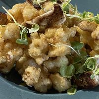 Deep-fried cauliflower with seared silken tofu and micro coriander (and a grilled portobello mushroom ‘stolen’ from a colleague 😁)  at abarbistro in Portsmouth