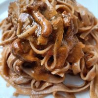 Tagliatelle al farro ai finferli at Ristorante Peruggini in Vistarino