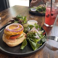 House burger with house salad and triple berry lemonade. 💕   at Vibe Gastropub in Fayetteville
