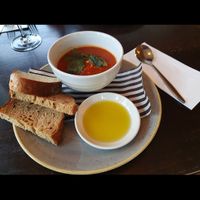 Tomato and basil soup with ciabatta and dipping oil (September 2022) at The Fox in Ilkley
