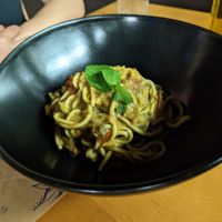 Spaghetti with zucchini sauce and mint at Acqua e Farina in Lugano