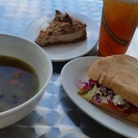 Iced Masala chai, dutch apple vegan cheesecake!!! VLT w/avocado and soup of the day. at Cafe Hey in Tampa