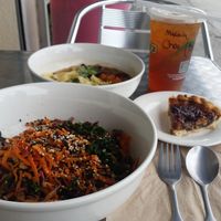 Kale Yeah salad, soup of the day, and carmel pecan pie. All vegan! Also, an iced Masada Chai tea, which is really good w/o cream and sourced from Kaleisia another vegan-friendly place.  at Cafe Hey in Tampa