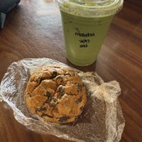 Vanilla matcha and a pumpkin chocolate chip cookie   at Cafe Hey in Tampa