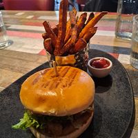 Green Dímon burger + Sweet potatos at Eldsto Art Cafe in Hvolsvollur