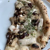 Pizza with carmelized onions, porcini mushrooms and two types of vegan cheese. Our request to share was accomodated without issue.  at Più Zug in Zug