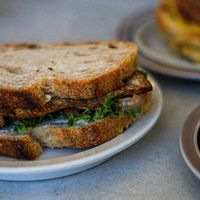 (T)BLT Sandwich with Tofubacon, Tomatoes, Lettuce and Garlic Sauce - soo good! at Plantan Kaffihús in Reykjavik