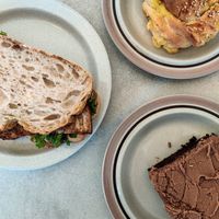 Our breakfast: (T)BLT, Chocolate Cake and Cheesebun. at Plantan Kaffihús in Reykjavik