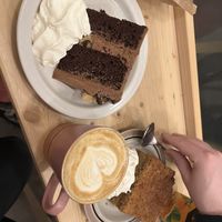 Chocolate cookie dough cake, coconut cake and cappuccino   at Plantan Kaffihús in Reykjavik