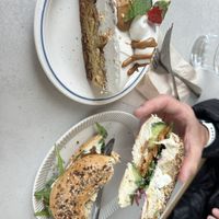 Bagel with smoked carrot and HEAVENLY Biscoff cake  at Plantan Kaffihús in Reykjavik
