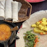 Vegan combo injera and shiro  at Addis Ethiopian Restaurant in Phnom Penh