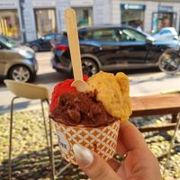 Chocolate, peach, rasberry at Gelato Fatto Con Amore in Milan