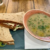 Soup and sandwich combo (leak and potato soup)   at Old Post Office Cafe Gallery in Kingussie