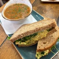 Chunky veg soup, coronation cauliflower + chickpea sandwich  at Old Post Office Cafe Gallery in Kingussie