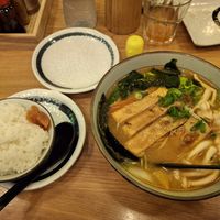 Ramen vegano picante con tofu y un bowl de arroz como sustitución a los fideos de trigo. at Takumi Sapporo Ramen Kitchen in Barcelona
