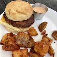 Breakfast Sandwich with chipotle aoli and yummy potatoes!  at Scratch Breakfast in Vancouver