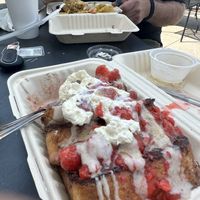 French toast w/bananas and strawberries, maple syrup, whip topping   at Scratch Breakfast in Vancouver