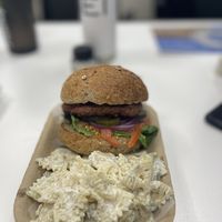 House made marinated beyond burger with local greens   at Queen City Eats in Penticton