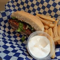 Vegan burger, fries and aioli dip  at Queen City Eats in Penticton