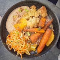 Buckwheat couscous, with broiled carrots & cauliflower, white bean cream, marinated carrot & orange (Vegan, 15e) at Ephéméride in Sare