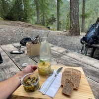Hummus (CHF 05.00.-) with pickled mushrooms (CHF 05.00.-). at Chamanna Cluozza in Zernez