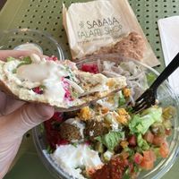 Falafel bowl with lots of toppings   at Sababa Falafel Shop in Garden Grove