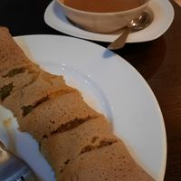 African peanut soup and an Indjera, pancake with filling. at Vegan Africa in Gouda