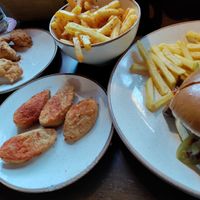BBQ loaded  jackfruit burger with fries, rubbed bites and wings, garlic fries at Ye Olde Reine Deer Inn in Banbury