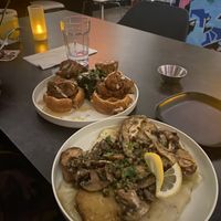 Chick’un and waffles and seitan scallopini  at Urban Vegan Roots in Queens