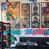 Inside, with funky artwok at Urban Vegan Roots in Queens