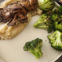 Chef V Shroom Steak with rustic (with skin) mashed potato and broccoli at Urban Vegan Roots in Queens
