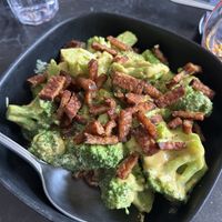 Loaded broccoli with tempeh bacon bits and cheesy sauce    at Urban Vegan Roots in Queens