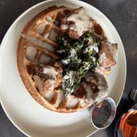 Chickun - waffles - super crispy nuggets with kale and creamy sauce AND syrup    at Urban Vegan Roots in Queens