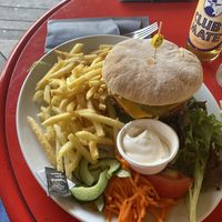 Vegan greenway burger with vegan cheese and vegan sauce on burger, and vegan mayo on the side. Fries baked in vegetable oil    at Parkkaffee in Ghent