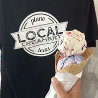 DF Ken & Barbie & DF Red, White, and Blueberry in a vegan waffle cone. Yum!   at Local Creamery in Plano