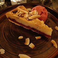 Bakewell vegan tart with raspberry sorbet at Cyprus Avenue in Belfast