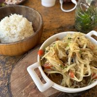 Papaya salad, side of rice, mixed it all together and it was delicious!  at Coco Beach Moorea in Moorea