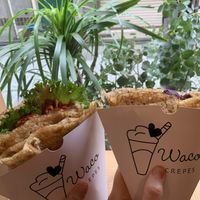 Guac and cheese crepe + sweet potato and rum raisin crepe  at Waco Crepes  in Kyoto