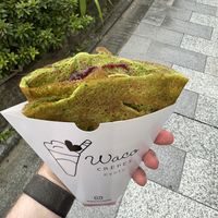 Matcha, raspberry, vegan cream crêpe to go.  at Waco Crepes  in Kyoto