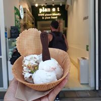 Greek yoghurt, and Cheesecake icecream in waffle cup and edible spoon €5.60 at Plan(e)t Ice Cream in Athens