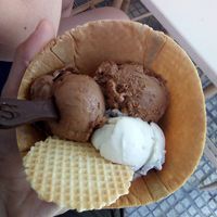 Three flavors in an edible bowl at Plan(e)t Ice Cream in Athens
