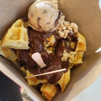 Beuno ice cream with hazelnut sauce on warm waffle. at Plan(e)t Ice Cream in Athens