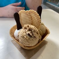 Lotus biscoff, bueno and strawberry cheese cake vegan ice cream. edible spoon and pot!   at Plan(e)t Ice Cream in Athens