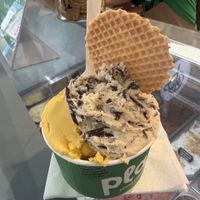 Mango & Passionfruit and Smashed Vanilla Sticks ice cream in a tub  at Plan(e)t Ice Cream in Athens