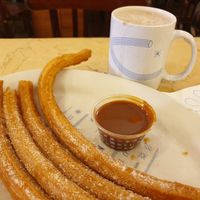 Churros with caramel and hot chocolate at El Moro in Mexico City