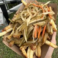 Green curry over fries  at Silo Food Truck in Ithaca